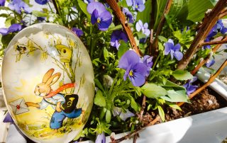 Violette Stiefmütterchen blühen in einem weißen Topf, im Vordergrund liegt ein Dekoei mit einem Osterhasen-Motiv darauf
