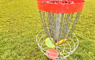 Discgolf-Korb mit roter, gelber und grüner Wurfscheibe