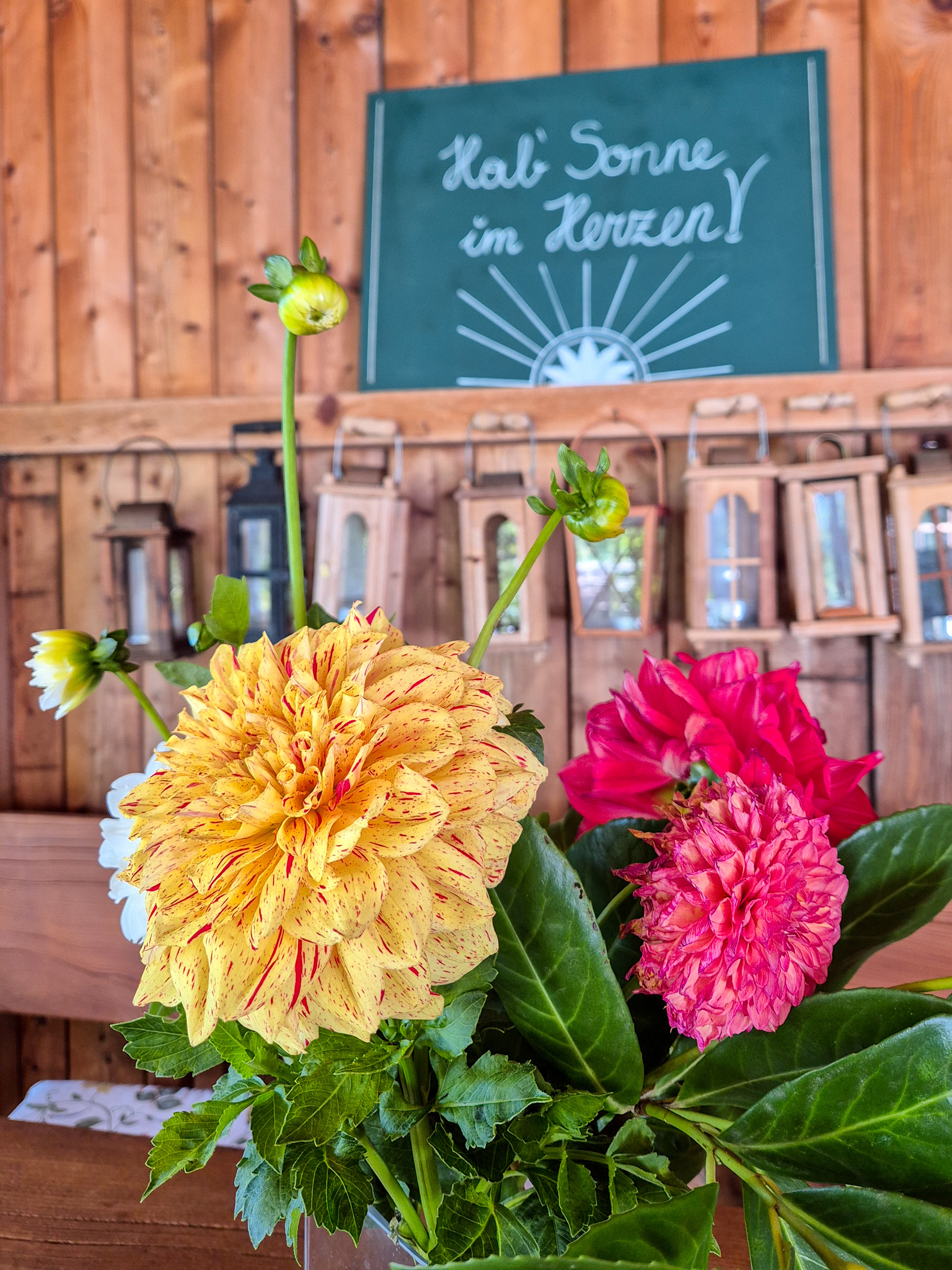 Lounge Area Dahlien in einer Vase, im Hintergrund steht eine Tafel mit dem Text "Hab Sonne im Herzen!"