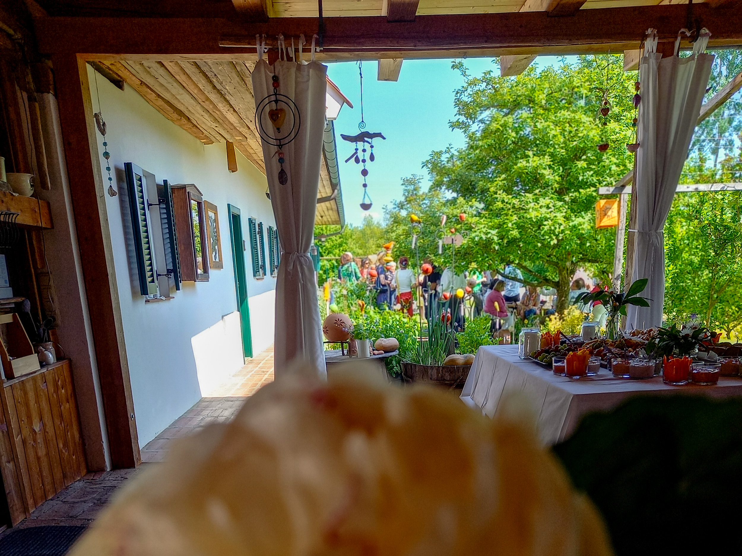 Gäste stehen im Garten und unterhalten sich, im Vordergrund ist auf einem Tisch ein Fingerfood Buffet aufgebaut