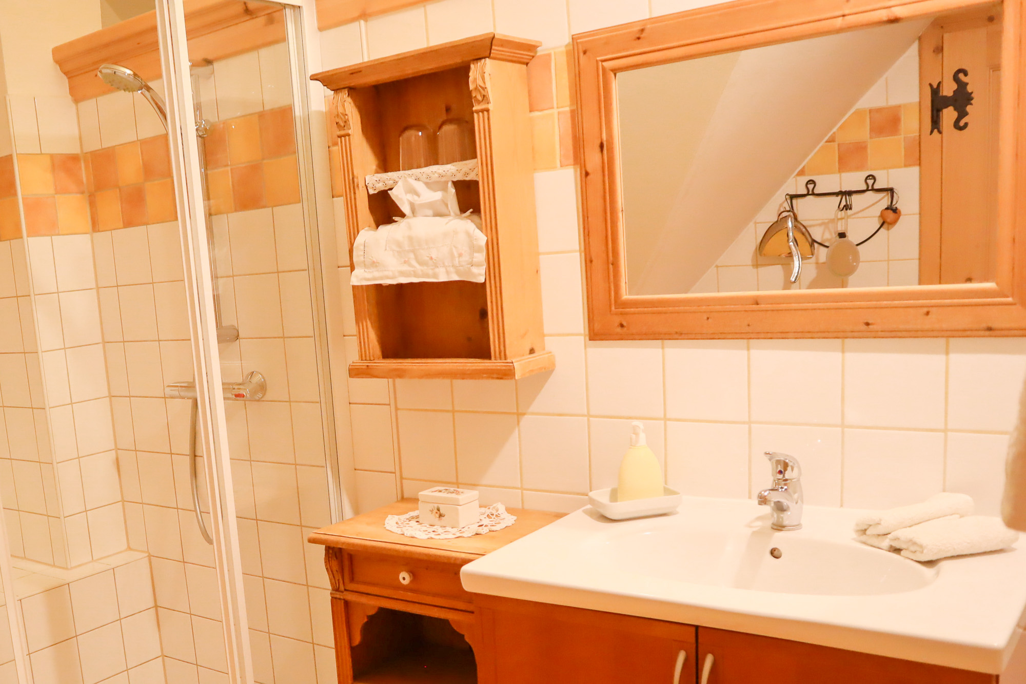 Waschbecken und Dusche im Badezimmer der Landhaus-Suite Kräuterduft