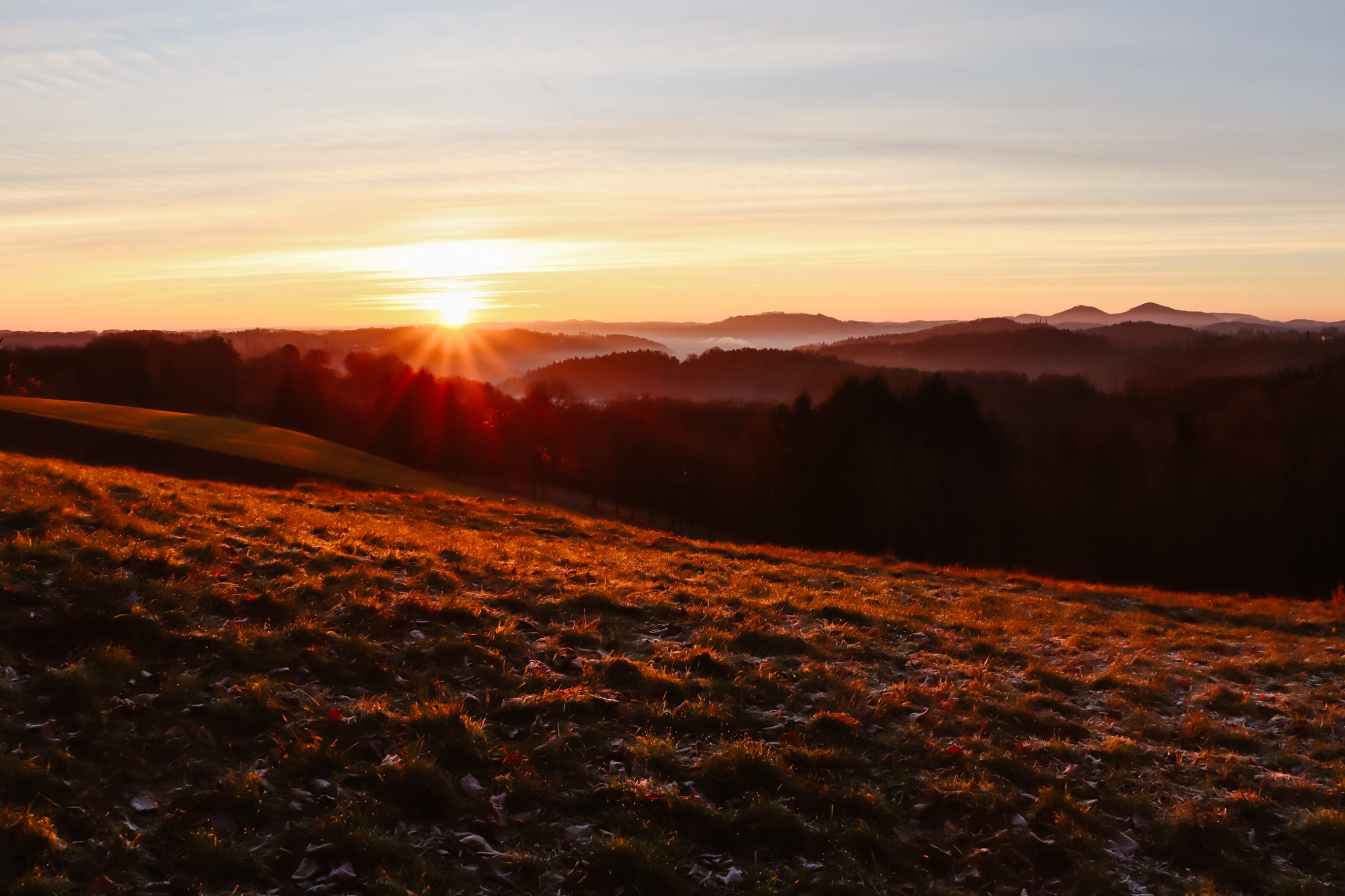 Wanderung Wintersonnenwende 2_c_Sonnenhaus Grandl_Gabriele Grandl Sonnenaufgang über sanften Hügeln, zwischen den Hügeln liegt noch der Morgennebel