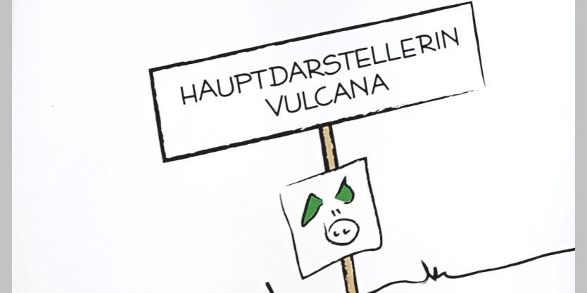 Grafik der Hauptdarstellerin Vulcana bei der Erlebnisführung in der Vulcano Schinkenmanufaktur